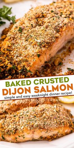 baked crusted salmon on a plate with lemon wedges