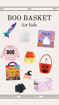 an advertisement for boo basket for kids with various items in it and on the front