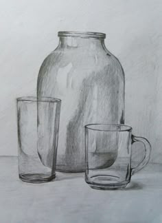 a pencil drawing of two glasses and a jug on a table next to each other