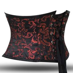 This Brocade Short torso Waist Trainer is versatile Attractive Corset and can be used for tight-lacing, shaping, and waist training, making it an excellent investment for anyone looking to achieve their desired body shape & Attractive Look. It also provides solid support for the lumbar, middle, and lower back. Additionally Wearing This Brocade Red and black under bust corset during work can also lead to posture improvement. The Heavy Duty Steel Boned Corset is made with the highest-quality mater Fitted Black Corset Belt For Halloween, Black Underbust Corset Belt With Corset Back, Gothic Overbust Corset Belt With Medium Bust Support, Red Fitted Underbust Corset Belt, Fitted Red Underbust Corset Belt, Black Stretch Corset Belt With Corset Back, Gothic Black Corset With Medium Bust Support, Black Underbust Corset Belt For Halloween, Gothic Stretch Underbust Corset