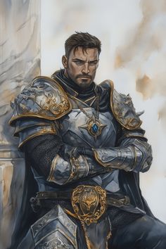 Zephyrn Vaistra stands tall with a robust build and sun-kissed skin marked by a constellation of faint scars. His short-cropped, chestnut hair contrasts with the deep azure of his eyes, which are framed by heavy brows. He wears polished steel plate armor adorned with golden filigree, reflecting light in sharp angles. Around his neck hangs a large, round pendant of dark obsidian, etched with the sy... Paladin Armor Dnd, Human Paladin Male, Fantasy Knight Art, Male Fantasy Armor, Viking Character Design, D Names, Paladin Dnd, Human Paladin, Knight Oc