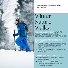 a woman walking in the snow with skis on her feet and text that reads winter nature walks