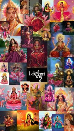 many different pictures of goddesss and deities with the words lakstami on them