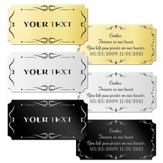 four different types of business cards with gold and silver foil on them, each one has a name tag