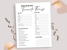 some of my very favorite things printable baby shower game with gold streamers on it