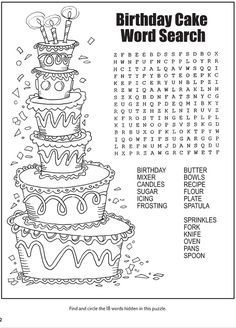 the birthday cake word search is shown in black and white, with words below it