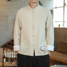 OrcaJump - Embroidered Cotton and Linen Jacket with Traditional Chinese Button Closure, Casual Han Chinese Style Casual Beige Embroidered Outerwear, Traditional Outerwear With Stand Collar And Button Closure, Traditional Long Sleeve Outerwear With Button Closure, Traditional Spring Outerwear With Buttons, Casual Outerwear With Floral Embroidery And Stand Collar, Beige Long Sleeve Outerwear With Floral Embroidery, Casual Embroidered Top With Stand Collar, Embroidered Cotton Outerwear With Stand Collar, Embroidered Collared Winter Tops