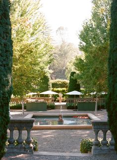 an outdoor pool surrounded by trees and bushes