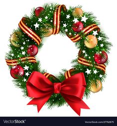 a christmas wreath with red bow and baubles on white background, clipping