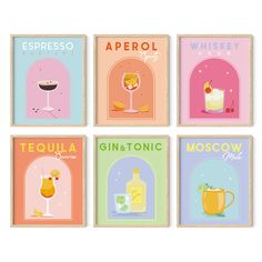 six greeting cards with different types of drinks and beverages on them, all in pastel colors