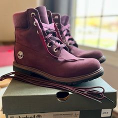 Worn Only Once Or Twice Good Condition. Couple Spots On Shoe. Also Small Dent From Box. Original Box And Regular Laces And Velvet Laces Included. See Photos. Red Timberland Boots Women, Timberland Shoes Women, Timberlands Shoes, Burgundy Velvet, Timberlands Women, Timberland Shoes, Velvet Lace, Timberland Boots, Shoes Women