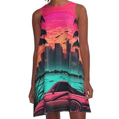 Loose-fit, mid-length sleeveless dress with silky handfeel. Printed on both sides. Machine washable. Size range XS-2XL. This is a miami-vice inspired super car design with a city, palm trees, and neon glows abounding. Transport yourself back to the best decade of the 1900s with this super emotive, retro scene. Retro Sleeveless Dress With Graphic Print, Dresses 1980s, Scene Dress, Miami Vice, Neon Glow, 1980s Fashion, 80s Dress, Super Car, Woven Dress