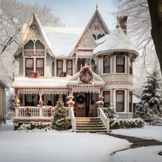 a large victorian style house with christmas decorations and wreaths on the front porch, covered in snow