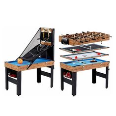 two tables with foosball and air hockeys on them