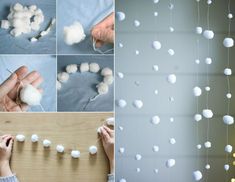 there are many different pictures of cotton balls hanging from the ceiling