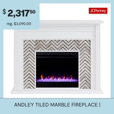 a white fireplace with a blue flame in the middle and an advertise for it