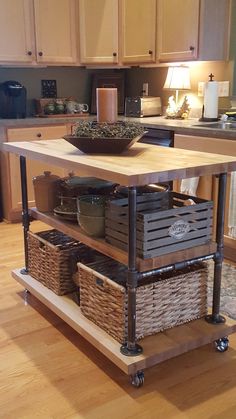 a kitchen island with baskets on it