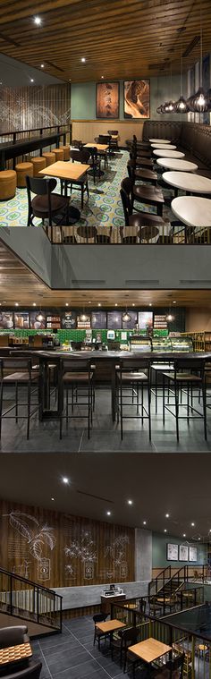 two pictures show the inside and outside of a restaurant with tables, chairs, and benches