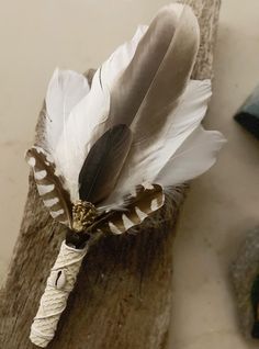 a piece of wood that has some feathers on it