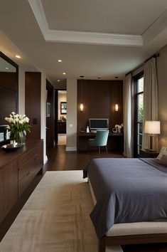 a bedroom with a large bed and wooden furniture