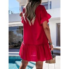 Women's Casual Dress Summer Dress Plain Dress Plain Ruffle V Neck Mini Dress Fashion Streetwear Outdoor Daily Short Sleeve Loose Fit Black White Red Spring Summer S M L Xl Xxl Line Dresses, Bodycon Dresses Casual, A Line Dresses, Sleeve Dresses, Crop Top Blouse, Fashion Pattern, Flared Sleeves, Dress Length, A Line Dress