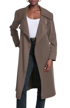 A showy collar and a graceful drape animate a softly styled trench coat you'll truly appreciate during the between season. 44 1/2" length (size Medium) Open front Notched lapels Front welt pockets Removable sash Partially lined 94% polyester, 6% spandex Dry clean Imported Elegant Collared Spring Outerwear, Elegant Taupe Outerwear For Fall, Chic Taupe Outerwear For Spring, Elegant Collared Fall Outerwear, Elegant Collared Outerwear For Fall, Elegant Fitted Taupe Outerwear, Taupe Fitted Chic Outerwear, Long Formal Spring Outerwear, Long Formal Outerwear For Spring