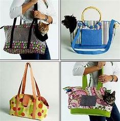 four pictures of different purses with cats in them and one has a cat on it