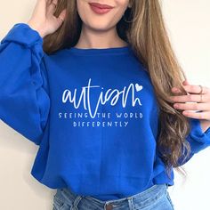 Blue Long Sleeve Slogan T-shirt, Blue Letter Print Shirt For Fall, Blue Shirt With Letter Print For Fall, Fall Blue Shirt With Letter Print, Long Sleeve Slogan Shirt In Relaxed Fit, Mom Hero, Sweatshirt Fits, Mom Sweater, Awareness Shirt