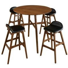 three stools and a table with a round wooden table in the middle on an isolated white background