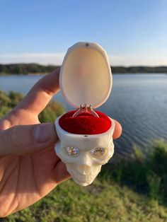 someone is holding their wedding ring in the shape of a skull with red velvet inside