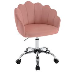 a pink office chair sitting on top of a metal base