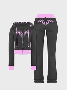 Buy Inexpensive Two-Piece Sets at Kollyy online store, SPU: 48Q3TW9TD3F9, Color: Black-pink, Edition type:Regular Fit, Style:Y2k. Trendy Fitted Pink Sets, Pink Fitted Casual Set, Pink Two Piece Set, Top With Pants, Text Letters, Color Block Coats, High School Outfits, Pink Two Piece, Sweatshirt Set