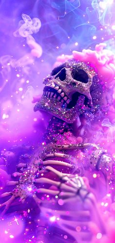 a skeleton in purple and pink with glitters on it's face, holding the top half of its head