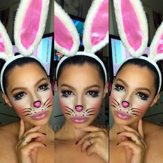 Animal Face Type, Cute Bunny Makeup, Bunny Halloween Makeup, Makeup Halloween Ideas, Bunny Face Paint, Bunny Pretty, Bunny Makeup, Minions Party, Bunny Halloween Costume