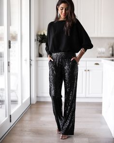 Outfits With Sparkly Pants, Black Sequence Pants Outfits, Sparkling Pants Outfit, Black Sequin Flare Pants Outfit, 2022 Holiday Party Outfits, Black Sparkle Pants Outfit, How To Wear Sequin Pants, Black Sequin Pants Outfit Holiday, Sequined Pants Outfit