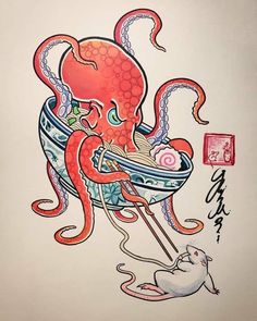 an octopus eating noodles in a bowl with chopsticks and a cat sitting next to it