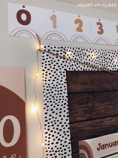 a close up of a bulletin board with numbers on it and lights hanging from the wall