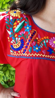 "*WASH SEPARATELY* Traditional Handmade Embroidery mexican Blouse. (Plus size - Full figured sizes) I know it is not just me who's noticed that it is getting harder and harder to find clothes that fit those beautiful curves, that is why we would like to be inclusive in all sizes, from XS to XXXL. Need a special size? We could make it - Message us! Ideal for a boho and vintage chic look with Folk Fabric flowers, for everyday or beach, perfect to combine with denim. Match with a Embroidery Belt fo Folk Fabric, Embroidery Mexican, Mexican Shirt, Embroidery Belt, Mexican Shirts, Mexican Blouse, Blouse Plus Size, Red Blouse, Handmade Embroidery