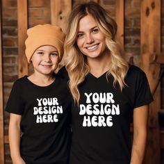 Mommy and Me Mockup Bella Canvas 3001Y Black T Shirt Bella Canvas 3005 V-neck Black Tshirt Mock Ups Mom Daughter Mockups 3001 Y Mocks Tees Instant Digital Download ⭐ Note: This is a DIGITAL product, so no physical item will be shipped.⭐  𝗠𝗢𝗖𝗞𝗨𝗣 𝗗𝗘𝗧𝗔𝗜𝗟𝗦  1️⃣ High Resolution 300 DPI JPG Image 📸 ❌ No watermarks, text, or graphics on your download 🛍️ ⚡ Easy-to-use with editing software like Canva, GoDaddy Studio, Photoshop, PicMonkey, and more 💻 📜 FILE LICENSE USAGE AGREEMENT: 🚫 Absolutely no re-selling of any digital files in any manner. 🚫 Sharing, claiming as your own, gifting, leasing, transferring, assigning, or giving away the image is strictly forbidden. 🚫 The digital download cannot be used to promote anything related to mockups and photography. 🚫 Due to the digital Black Cotton Family Matching T-shirt, Black Cotton V-neck T-shirt, Black V-neck Top With Letter Print, Black Cotton V-neck Shirt, Black Custom Print Short Sleeve Top, Black Short Sleeve Top With Custom Print, Customizable Basic Black Shirt, Black V-neck T-shirt With Graphic Print, Casual V-neck Pre-shrunk Tops