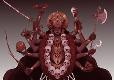 a digital painting of a woman with skulls on her head and two swords in her hands