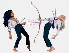 two women with bows and arrows in their hands, one holding the other's bow