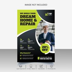 a black and green flyer for a home repair company with an image of a man holding a