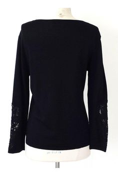 Size L Runs small Black knit top with crochet neckline 68% Rayon 32% Nylon Pulls on Crochet detail on sleeves Sleeve length 22.25" Shoulder to shoulder 18" Bust 36.5" Waist 33" Total length 24.25" Crochet Neckline, Black Knit Top, Crochet Details, Black Knit, Knit Top, Long Sleeve Blouse, Street Style, Sleeve Length, Knitting