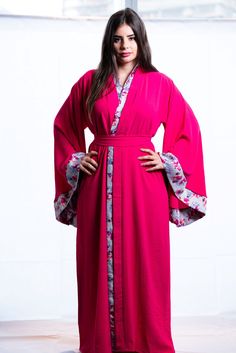 long pink kimono dress Pink Sleepwear With Kimono Sleeves For Spring, Pink Robe For Spring Sleepwear, Pink Robe For Sleep And Spring Season, Pink V-neck Spring Robe, Pink Robe With Kimono Sleeves For Spring, Pink Feminine Robe For Spring, Pink Feminine Spring Robe, Pink Spring Robe For Loungewear, Fitted Pink Robe For Daywear