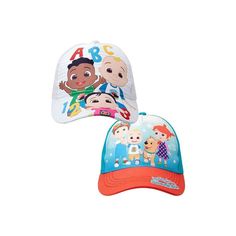 two children's hats with cartoon characters on them