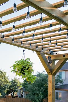 a wooden pergolan with lights hanging from it's sides and a tree in the background