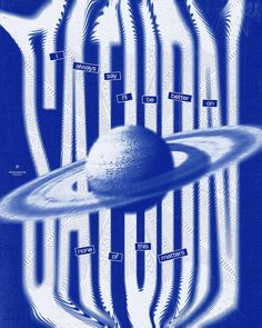 a blue poster with an image of saturn