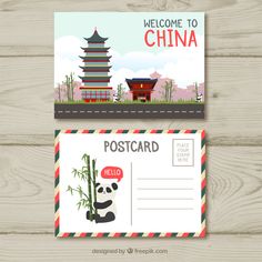 a postcard with a panda holding a bamboo tree and the words welcome to china on it