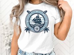 Set sail on an ocean of style with this vintage-inspired nautical T-shirt. The design features a majestic ship, surrounded by a compass, ocean waves, and palm trees, all encased in a circular rope border. Perfect for anyone who loves sailing, the sea, or adventures. Made with high-quality materials, this shirt ensures comfort and durability for any journey. Ideal for casual wear or as a gift for sea lovers. ~ RETURNS/EXHANGES 🌟 Important Information Regarding Your Order *Custom-Made for You: Ea Nautical Sail Crew Neck T-shirt, Sail Colored Nautical T-shirt With Graphic Print, Sail Color Nautical T-shirt With Graphic Print, Sail Color Nautical Short Sleeve T-shirt, Sail Colored Short Sleeve Nautical T-shirt, Nautical Graphic Print Tops For Sailing, Nautical Graphic Print T-shirt In Light Blue, Sail Color Crew Neck T-shirt With Graphic Print, Crew Neck Graphic Print Top For Sailing