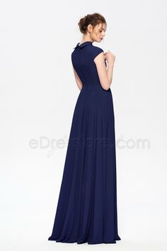 Navy Blue Modest Beaded Long Prom Dresses with Turndown Collar Modest Long Dresses, Navy Blue Prom Dress, Navy Blue Prom, Blue Prom Dress, Long Prom Dresses, Jewel Neckline, Line Skirt, Turndown Collar, Prom Dresses Blue